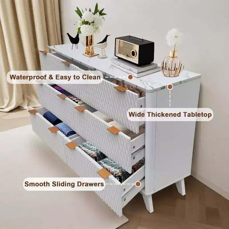 Modern 6 Drawer Dresser with Faux Marble Top, Fluted Curved Design Storage Cabinet, TV Stand for Up to 55 Inch TV, Anti-Tip Sturdy Unit
