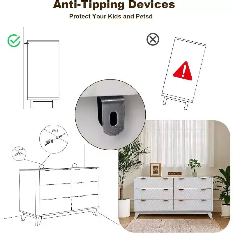 Modern 6 Drawer Dresser with Faux Marble Top, Fluted Curved Design Storage Cabinet, TV Stand for Up to 55 Inch TV, Anti-Tip Sturdy Unit