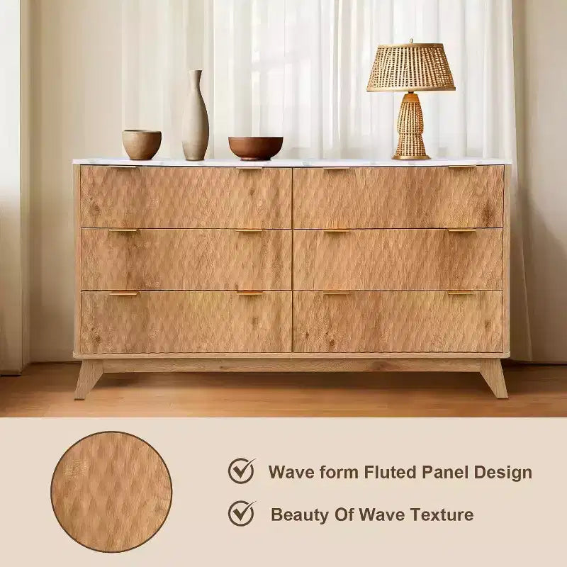 Modern 6 Drawer Dresser with Faux Marble Top, Fluted Curved Design Storage Cabinet, TV Stand for Up to 55 Inch TV, Anti-Tip Sturdy Unit