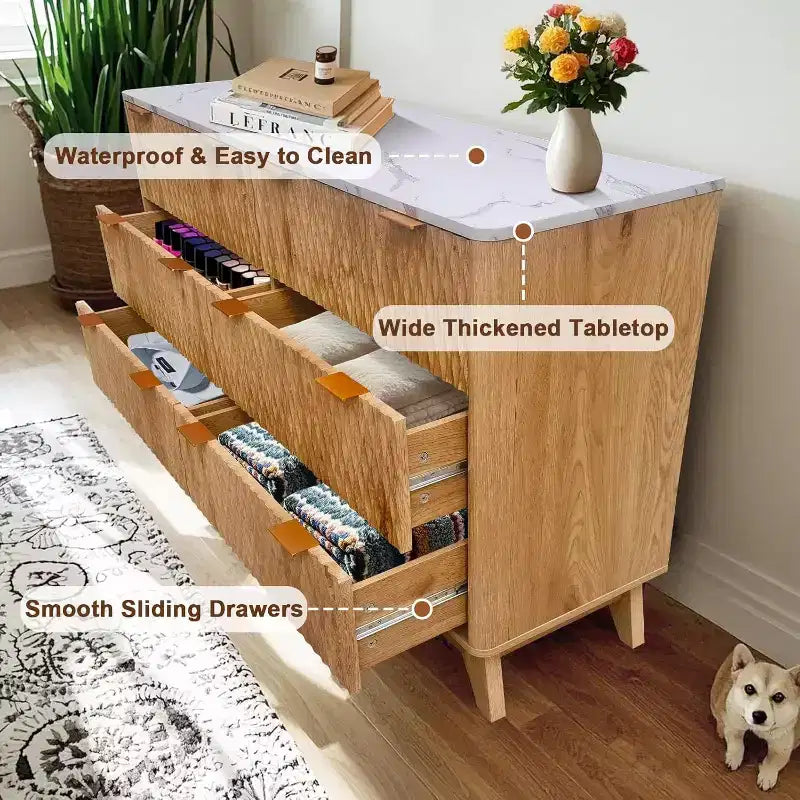 Modern 6 Drawer Dresser with Faux Marble Top, Fluted Curved Design Storage Cabinet, TV Stand for Up to 55 Inch TV, Anti-Tip Sturdy Unit