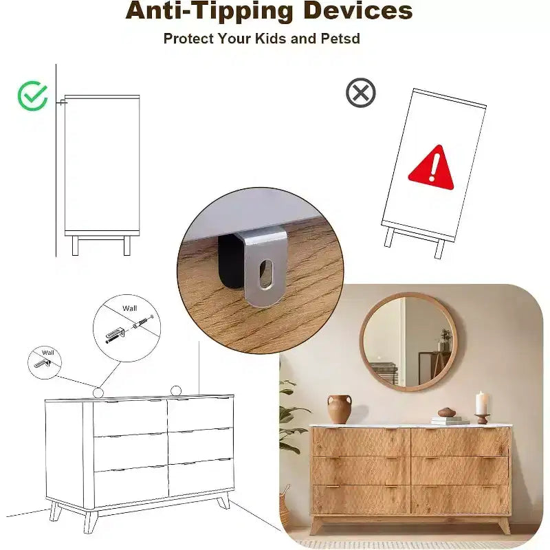 Modern 6 Drawer Dresser with Faux Marble Top, Fluted Curved Design Storage Cabinet, TV Stand for Up to 55 Inch TV, Anti-Tip Sturdy Unit