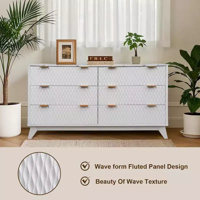 Modern 6 Drawer Dresser with Faux Marble Top, Fluted Curved Design Storage Cabinet, TV Stand for Up to 55 Inch TV, Anti-Tip Sturdy Unit