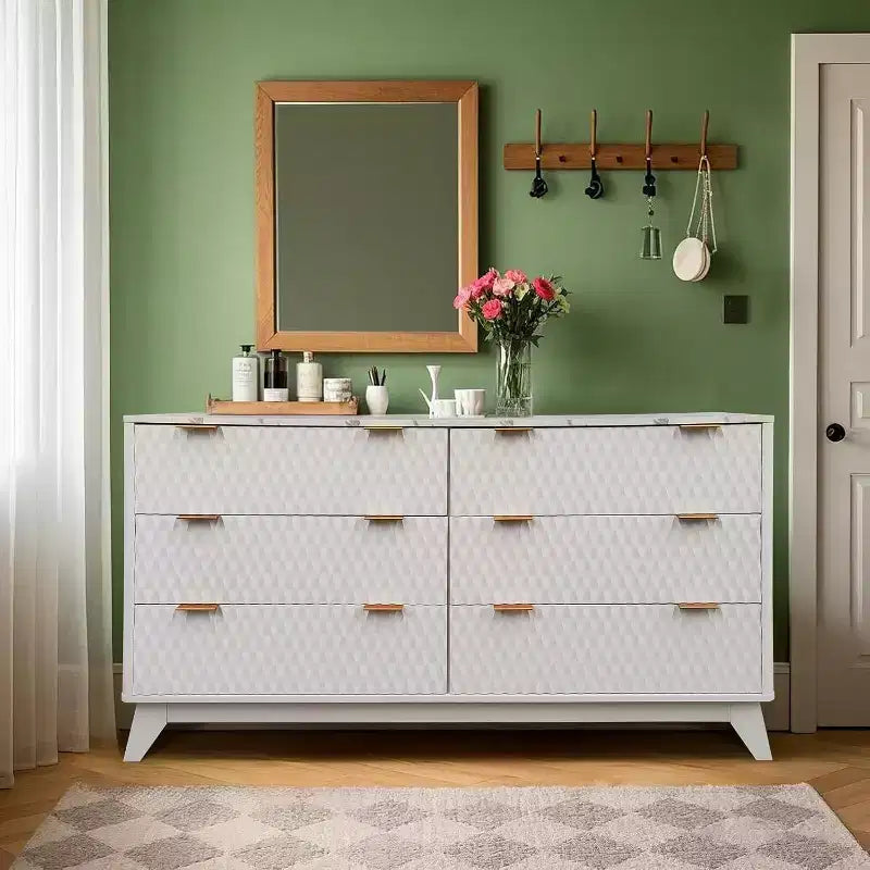 Modern 6 Drawer Dresser with Faux Marble Top, Fluted Curved Design Storage Cabinet, TV Stand for Up to 55 Inch TV, Anti-Tip Sturdy Unit