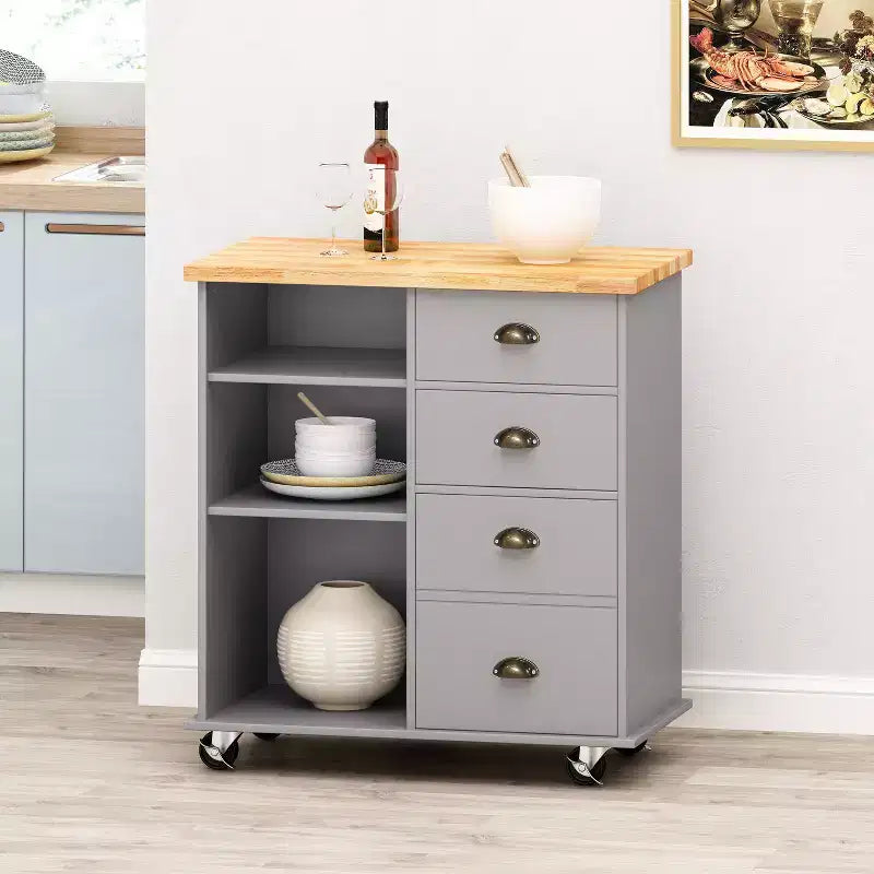 Okak Kitchen Island Table with Storage, Kitchen Island On Wheels with Worktop, Cabinet and Drawers, Kitchen Cart for Kitchen, Dining Room