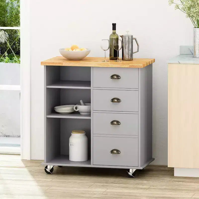 Okak Kitchen Island Table with Storage, Kitchen Island On Wheels with Worktop, Cabinet and Drawers, Kitchen Cart for Kitchen, Dining Room