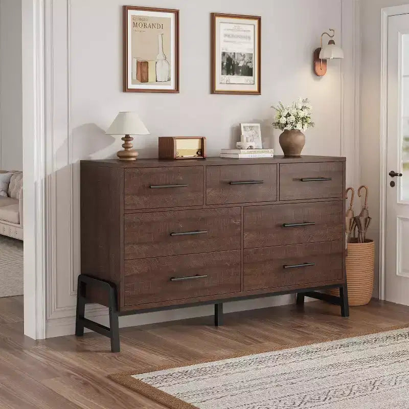 7 Dresser for Bedroom, Freestanding 52-inch Wide Drawer Dressing Table with Storage Space, Wooden Wardrobe Storage Cabinet for Living Room, Entryway