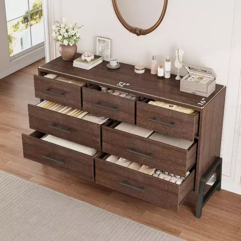 7 Dresser for Bedroom, Freestanding 52-inch Wide Drawer Dressing Table with Storage Space, Wooden Wardrobe Storage Cabinet for Living Room, Entryway