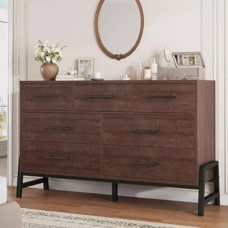 7 Dresser for Bedroom, Freestanding 52-inch Wide Drawer Dressing Table with Storage Space, Wooden Wardrobe Storage Cabinet for Living Room, Entryway