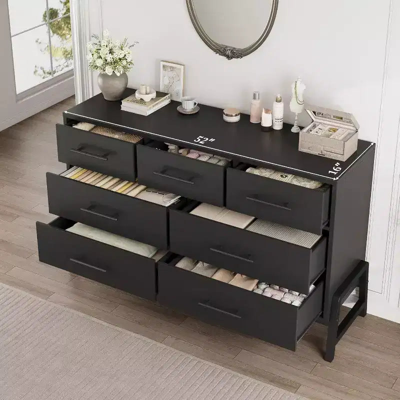 7 Dresser for Bedroom, Freestanding 52-inch Wide Drawer Dressing Table with Storage Space, Wooden Wardrobe Storage Cabinet for Living Room, Entryway