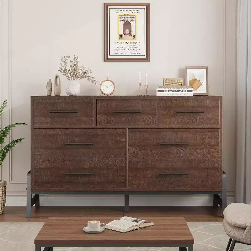 7 Dresser for Bedroom, Freestanding 52-inch Wide Drawer Dressing Table with Storage Space, Wooden Wardrobe Storage Cabinet for Living Room, Entryway