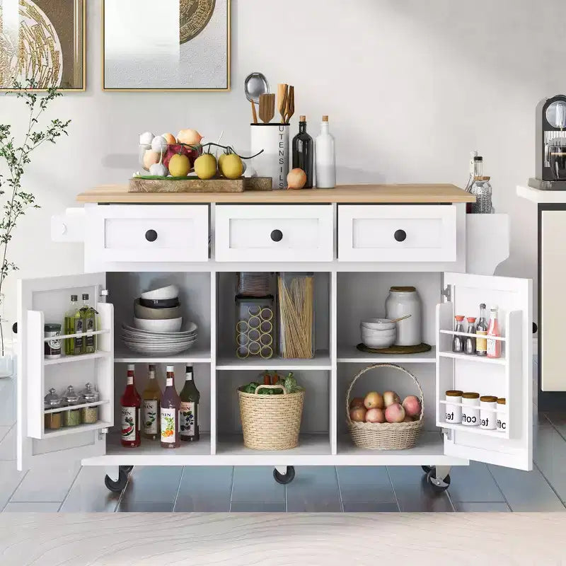 Okak Modrn Kitchen Island with Drop-Leaf Countertop,Rolling Kitchen Cart with Shelves & Drawers,Storage Cabinet Folding Dining Table