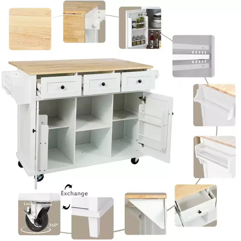 Okak Modrn Kitchen Island with Drop-Leaf Countertop,Rolling Kitchen Cart with Shelves & Drawers,Storage Cabinet Folding Dining Table