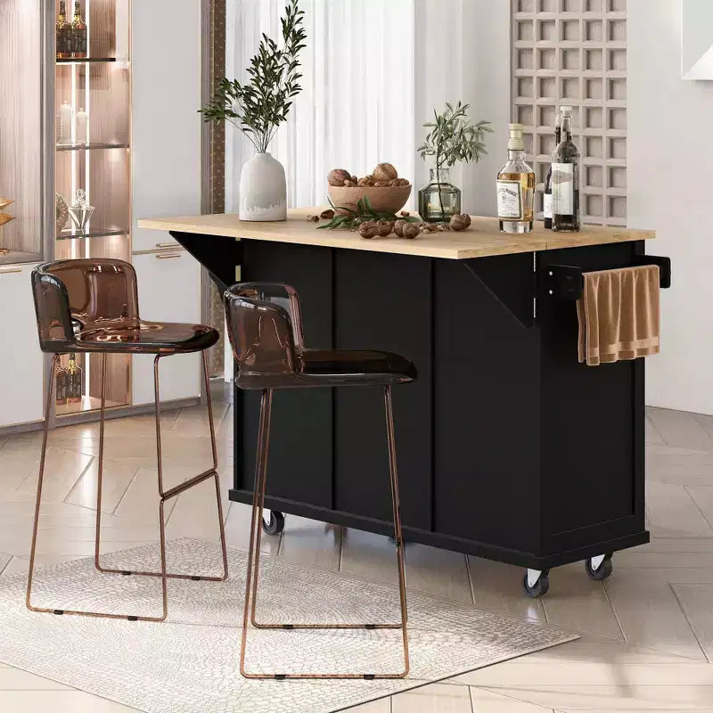 Okak Modrn Kitchen Island with Drop-Leaf Countertop,Rolling Kitchen Cart with Shelves & Drawers,Storage Cabinet Folding Dining Table