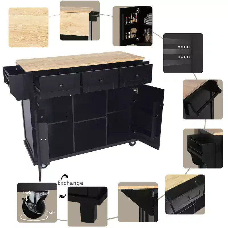 Okak Modrn Kitchen Island with Drop-Leaf Countertop,Rolling Kitchen Cart with Shelves & Drawers,Storage Cabinet Folding Dining Table