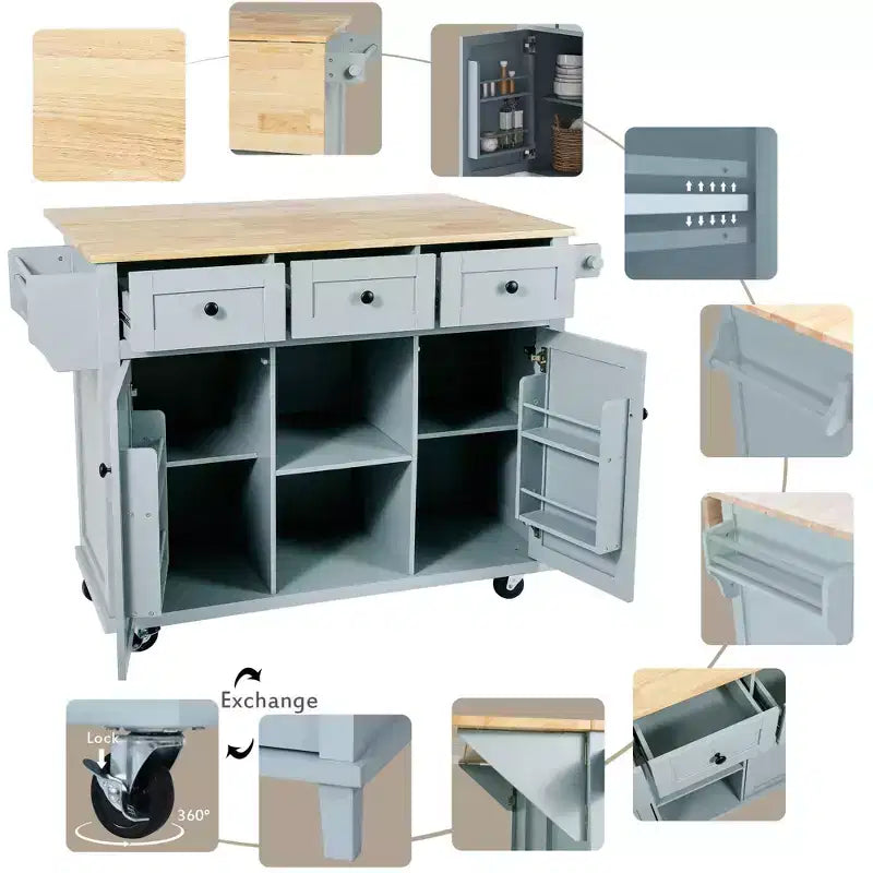 Okak Modrn Kitchen Island with Drop-Leaf Countertop,Rolling Kitchen Cart with Shelves & Drawers,Storage Cabinet Folding Dining Table