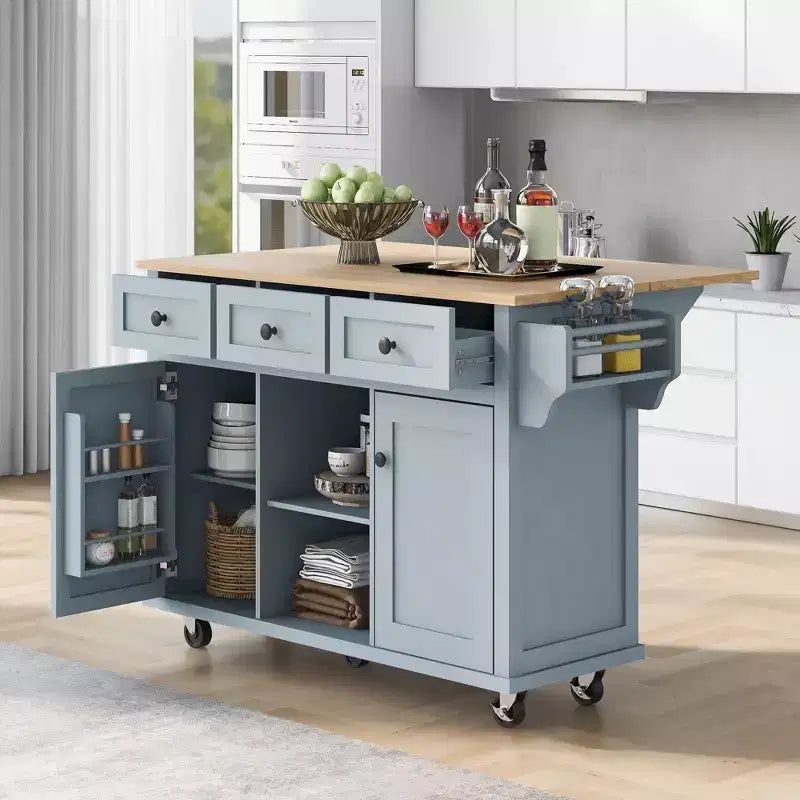 Okak Modrn Kitchen Island with Drop-Leaf Countertop,Rolling Kitchen Cart with Shelves & Drawers,Storage Cabinet Folding Dining Table