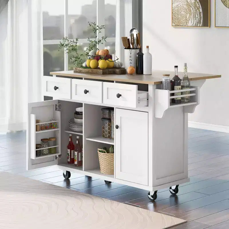 Okak Modrn Kitchen Island with Drop-Leaf Countertop,Rolling Kitchen Cart with Shelves & Drawers,Storage Cabinet Folding Dining Table