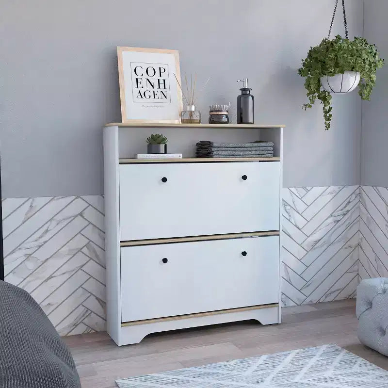 Shoe Rack 46 H, One Open Storage Shelf, Two Internal Storage Drawers, Two Doors, Light Oak / White