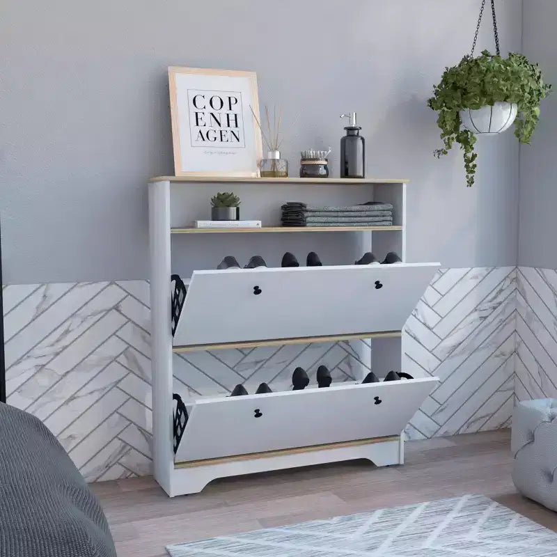 Shoe Rack 46 H, One Open Storage Shelf, Two Internal Storage Drawers, Two Doors, Light Oak / White