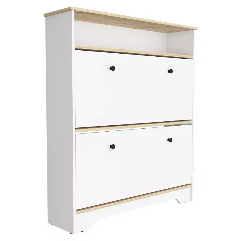 Shoe Rack 46 H, One Open Storage Shelf, Two Internal Storage Drawers, Two Doors, Light Oak / White