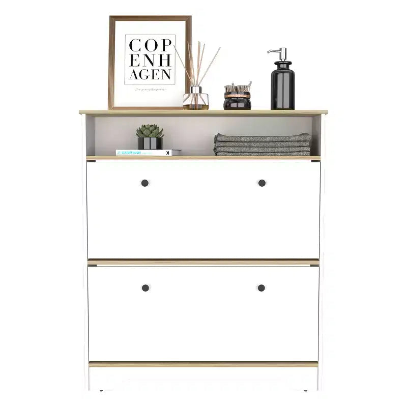 Shoe Rack 46 H, One Open Storage Shelf, Two Internal Storage Drawers, Two Doors, Light Oak / White