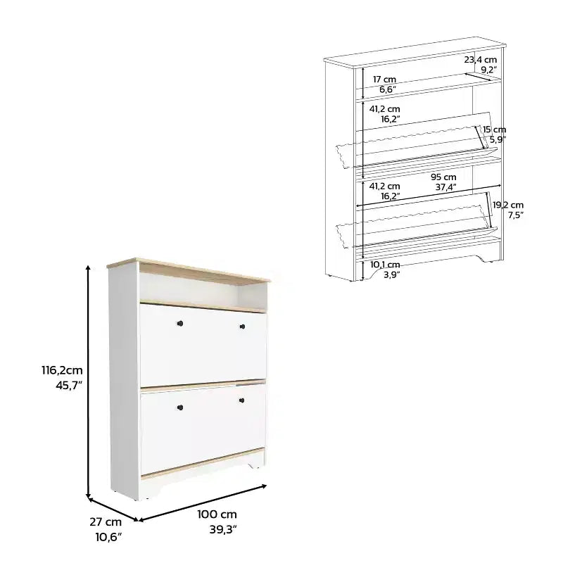 Shoe Rack 46 H, One Open Storage Shelf, Two Internal Storage Drawers, Two Doors, Light Oak / White