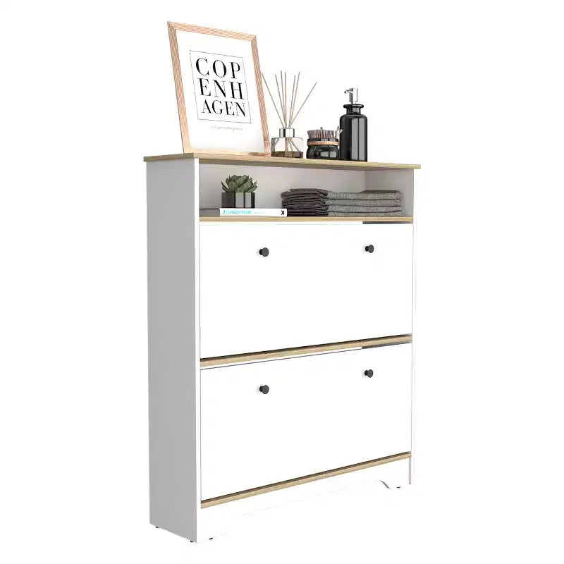 Shoe Rack 46 H, One Open Storage Shelf, Two Internal Storage Drawers, Two Doors, Light Oak / White