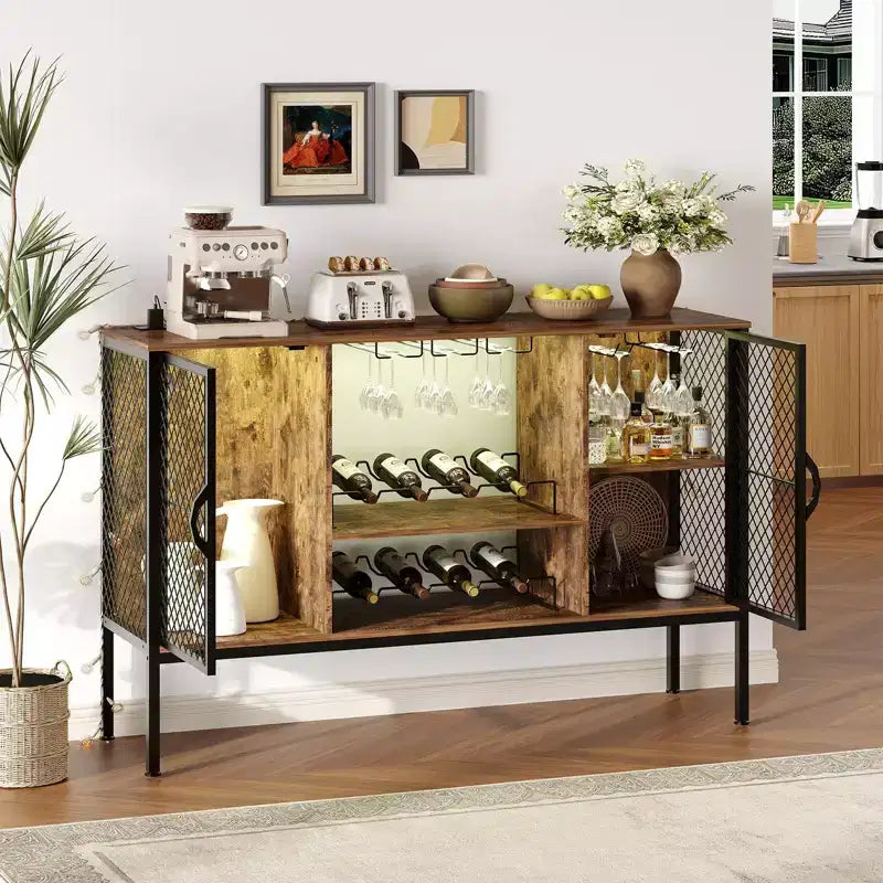 Wood Liquor Cabinet w/Doors, Glass Holders & Storage, Industrial Coffee Bar Cabinet with Led Lights and Power Outlets, for Home Dining Living Room