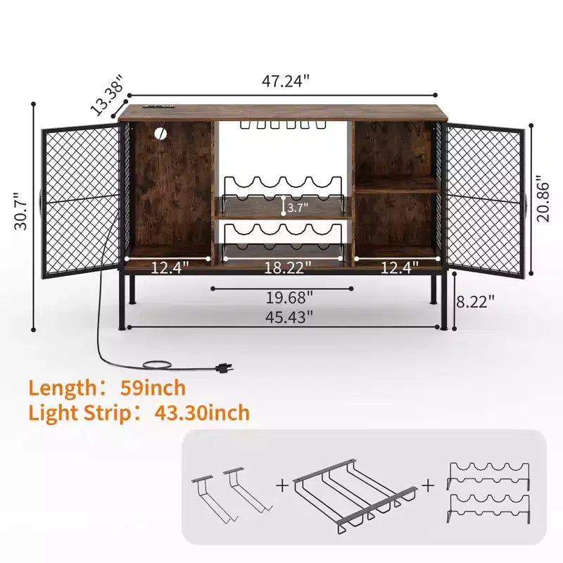 Wood Liquor Cabinet w/Doors, Glass Holders & Storage, Industrial Coffee Bar Cabinet with Led Lights and Power Outlets, for Home Dining Living Room