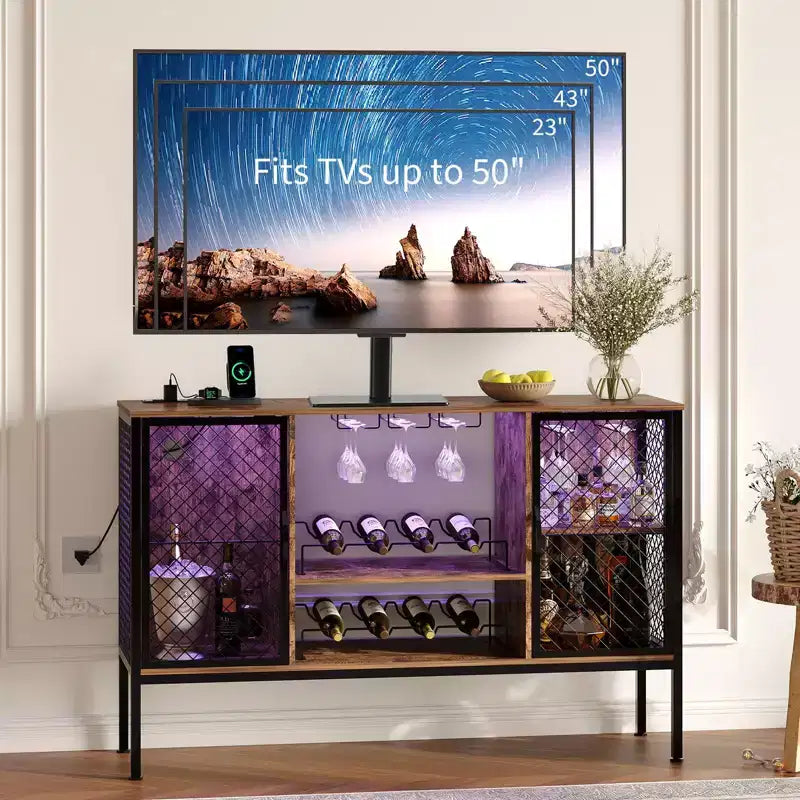 Wood Liquor Cabinet w/Doors, Glass Holders & Storage, Industrial Coffee Bar Cabinet with Led Lights and Power Outlets, for Home Dining Living Room