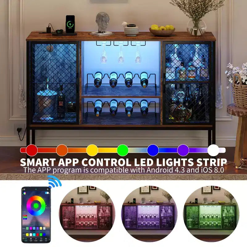 Wood Liquor Cabinet w/Doors, Glass Holders & Storage, Industrial Coffee Bar Cabinet with Led Lights and Power Outlets, for Home Dining Living Room