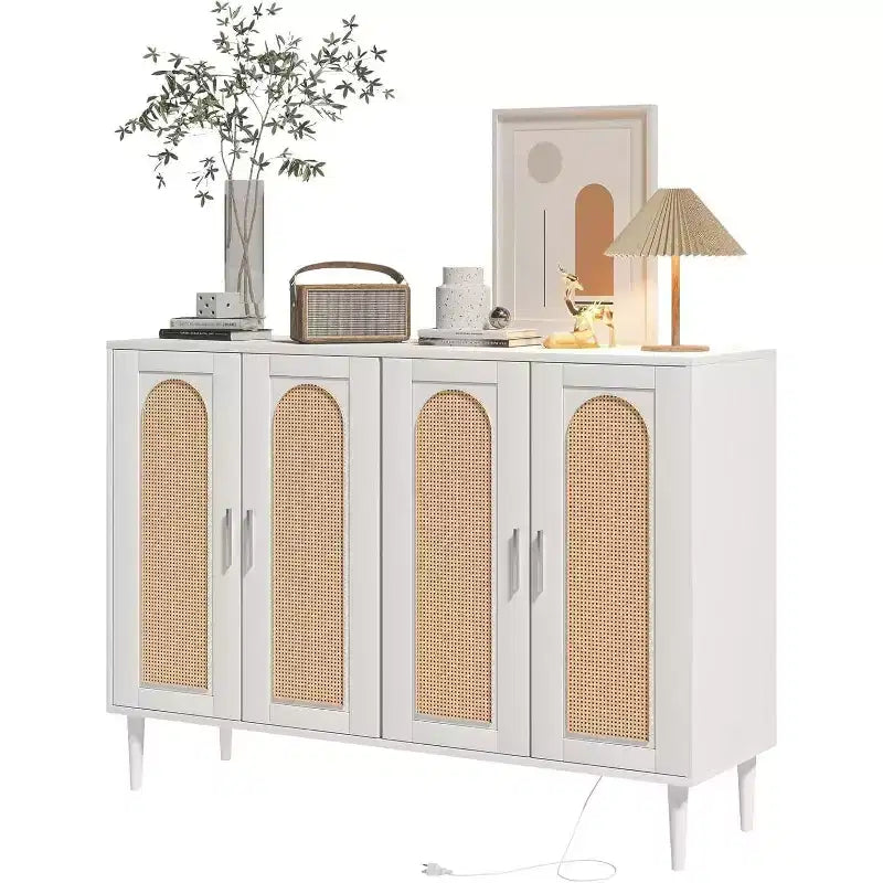 Wood Sideboard With 4 Doors, Rattan Sideboard Buffet Cabinet, For Entryway, Hallway, Dining Room, Living Room,