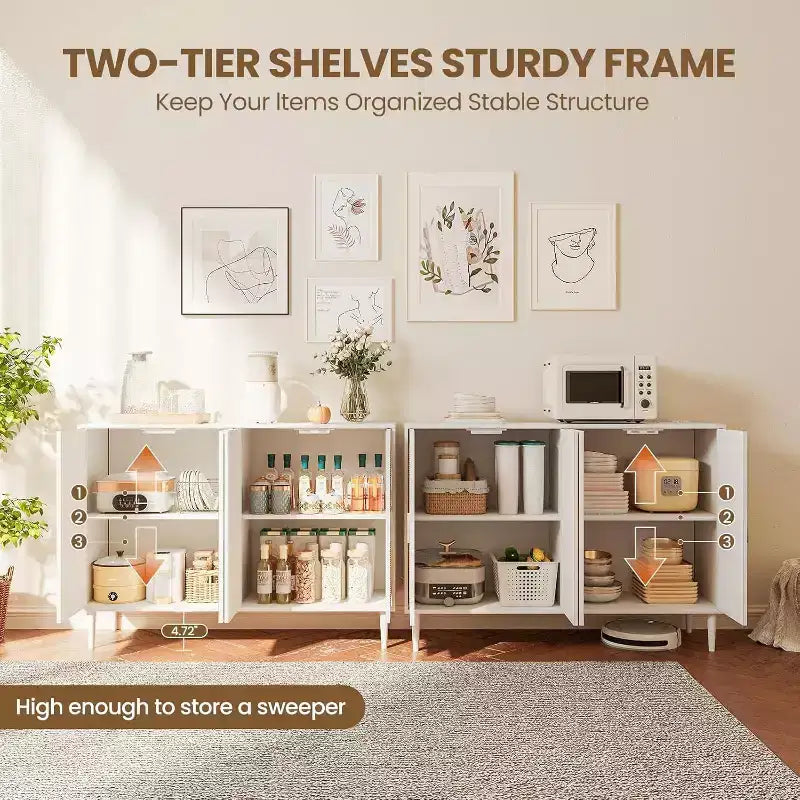 Wood Sideboard With 4 Doors, Rattan Sideboard Buffet Cabinet, For Entryway, Hallway, Dining Room, Living Room,