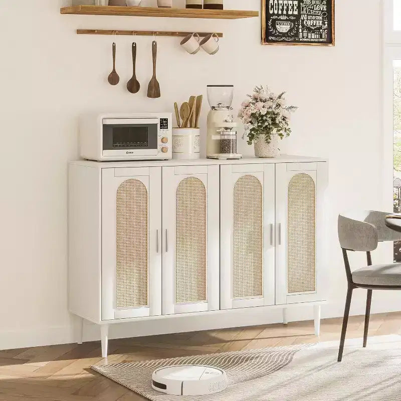 Wood Sideboard With 4 Doors, Rattan Sideboard Buffet Cabinet, For Entryway, Hallway, Dining Room, Living Room,