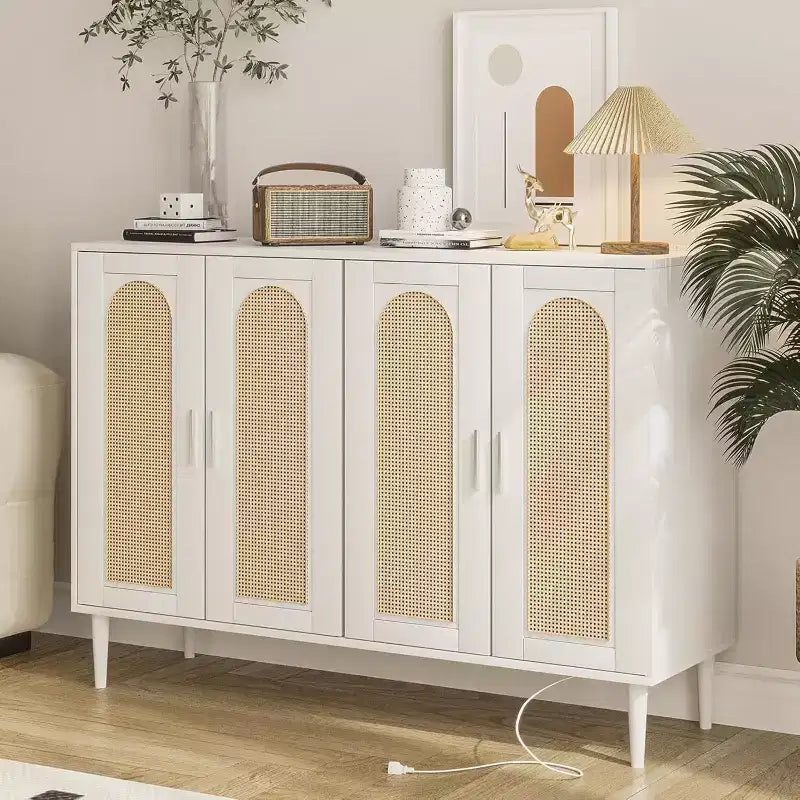 Wood Sideboard With 4 Doors, Rattan Sideboard Buffet Cabinet, For Entryway, Hallway, Dining Room, Living Room,