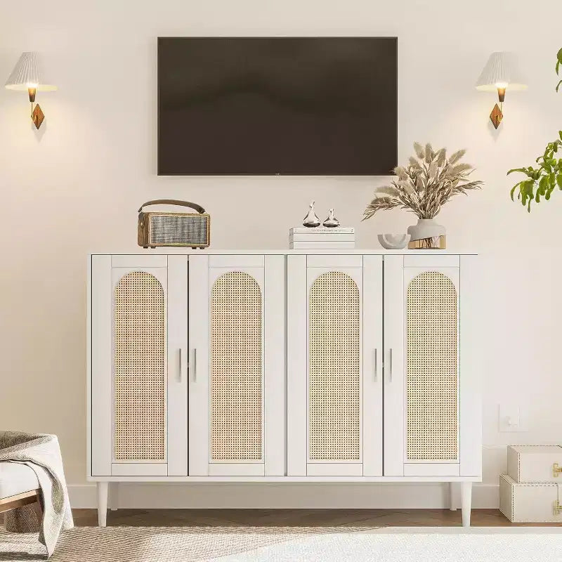Wood Sideboard With 4 Doors, Rattan Sideboard Buffet Cabinet, For Entryway, Hallway, Dining Room, Living Room,