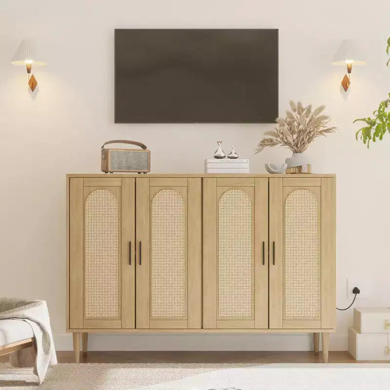 Wood Sideboard With 4 Doors, Rattan Sideboard Buffet Cabinet, For Entryway, Hallway, Dining Room, Living Room,