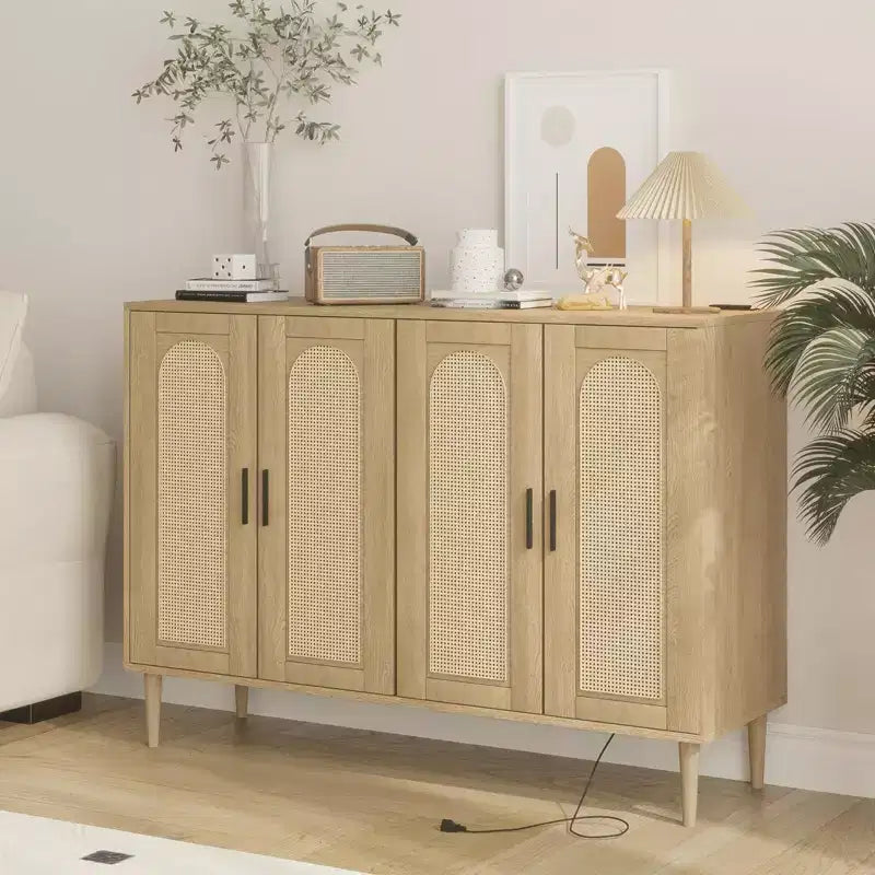 Wood Sideboard With 4 Doors, Rattan Sideboard Buffet Cabinet, For Entryway, Hallway, Dining Room, Living Room,
