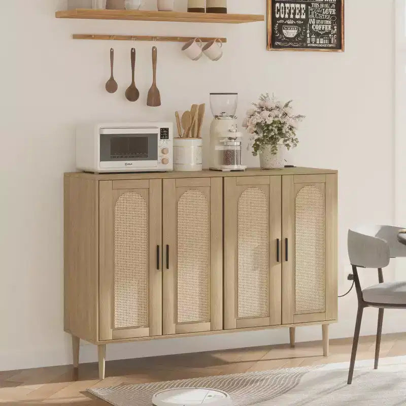 Wood Sideboard With 4 Doors, Rattan Sideboard Buffet Cabinet, For Entryway, Hallway, Dining Room, Living Room,