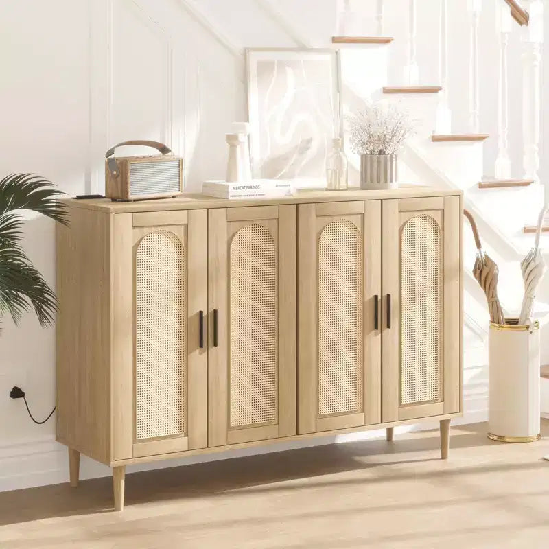 Wood Sideboard With 4 Doors, Rattan Sideboard Buffet Cabinet, For Entryway, Hallway, Dining Room, Living Room,