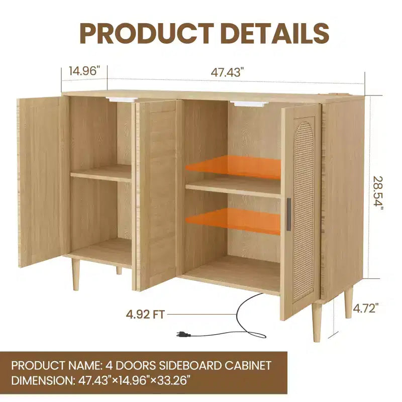 Wood Sideboard With 4 Doors, Rattan Sideboard Buffet Cabinet, For Entryway, Hallway, Dining Room, Living Room,