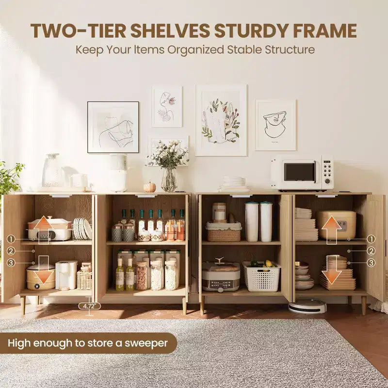 Wood Sideboard With 4 Doors, Rattan Sideboard Buffet Cabinet, For Entryway, Hallway, Dining Room, Living Room,