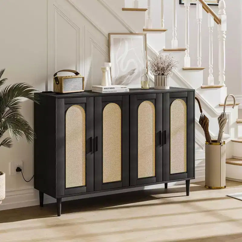 Wood Sideboard With 4 Doors, Rattan Sideboard Buffet Cabinet, For Entryway, Hallway, Dining Room, Living Room,