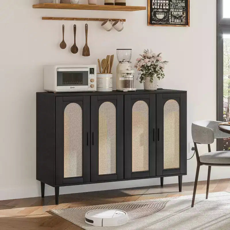 Wood Sideboard With 4 Doors, Rattan Sideboard Buffet Cabinet, For Entryway, Hallway, Dining Room, Living Room,