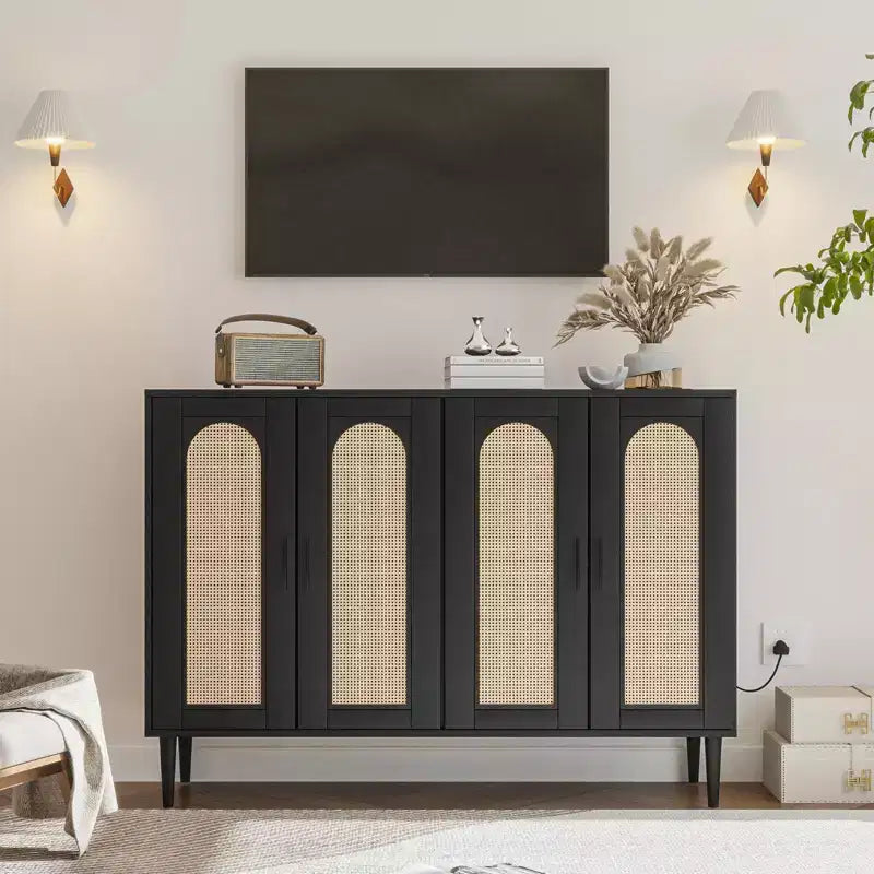 Wood Sideboard With 4 Doors, Rattan Sideboard Buffet Cabinet, For Entryway, Hallway, Dining Room, Living Room,