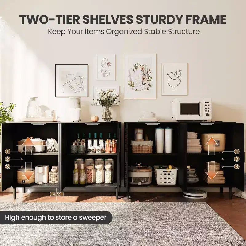 Wood Sideboard With 4 Doors, Rattan Sideboard Buffet Cabinet, For Entryway, Hallway, Dining Room, Living Room,