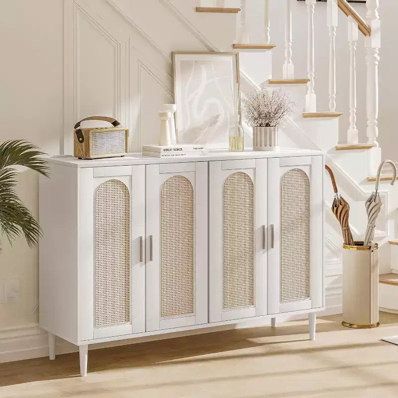 Wood Sideboard With 4 Doors, Rattan Sideboard Buffet Cabinet, For Entryway, Hallway, Dining Room, Living Room,