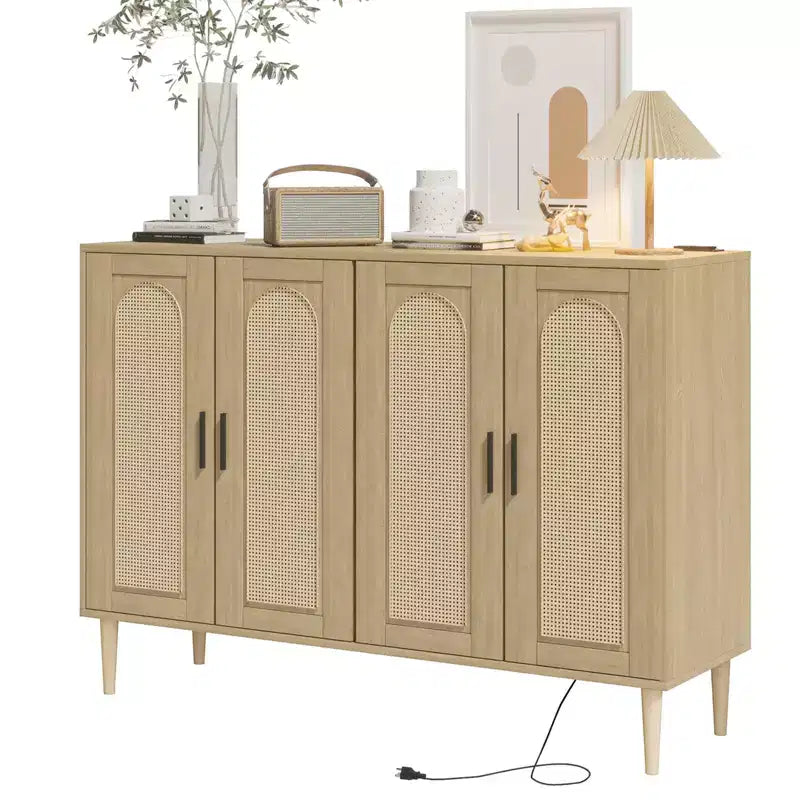 Wood Sideboard With 4 Doors, Rattan Sideboard Buffet Cabinet, For Entryway, Hallway, Dining Room, Living Room,