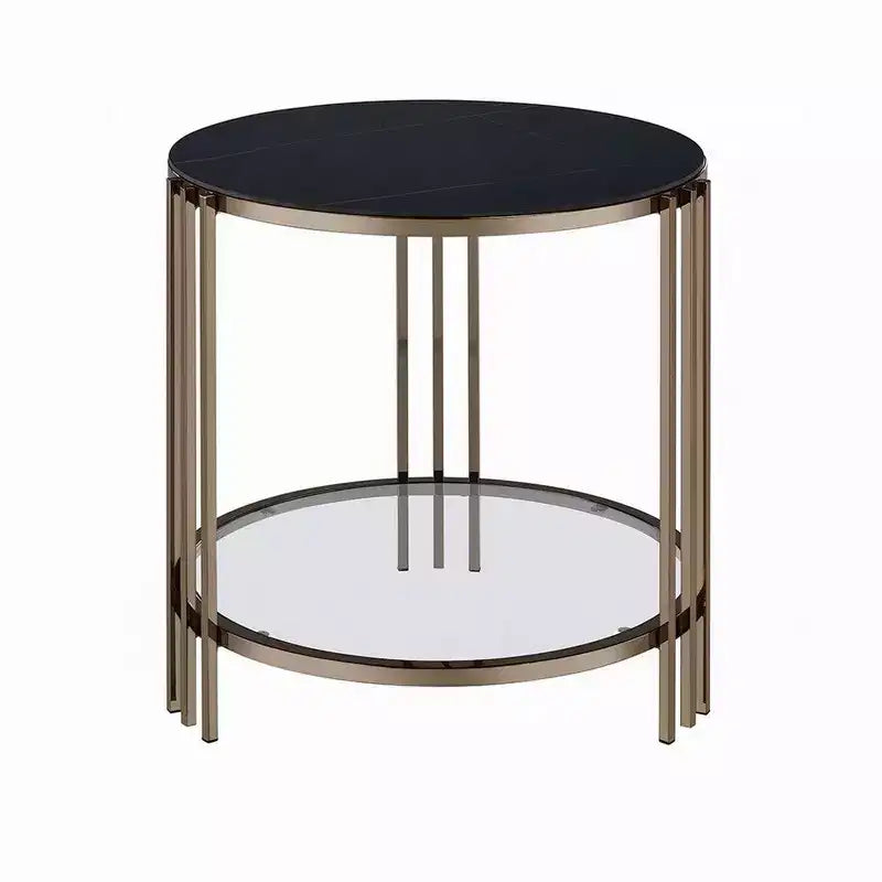 Royal Hampton Side End Table, 23 Inch, Round Sintered Stone Top, Black and Gold