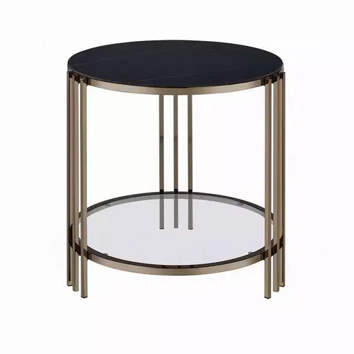 Royal Hampton Side End Table, 23 Inch, Round Sintered Stone Top, Black and Gold
